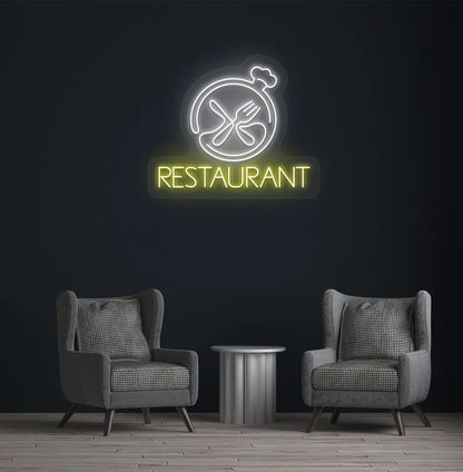 Image of a restaurant wall with stylish restaurant neon sign glowing white.