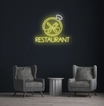 Modern restaurant wall with restaurant neon sign glowing yellow