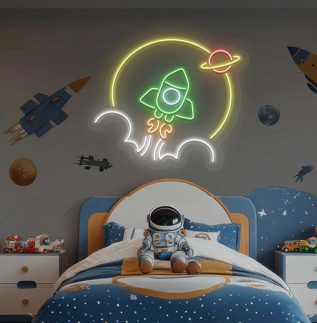 Rocket in space neon sign glowing green above astronaut toy on kid's bedroom wall.