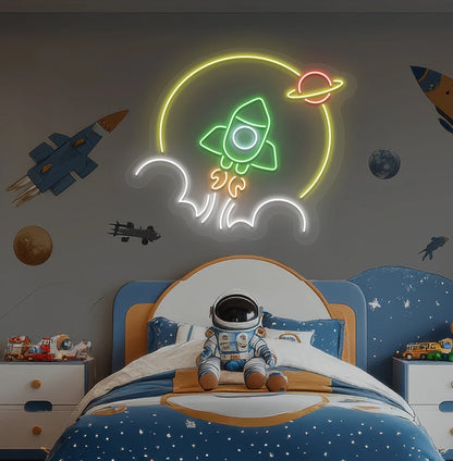Rocket in space neon sign glowing green above astronaut toy on kid's bedroom wall.
