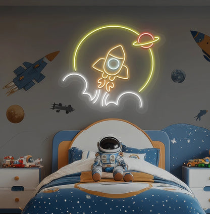 Rocket in space neon sign glowing green above astronaut toy on kid's bedroom wall.