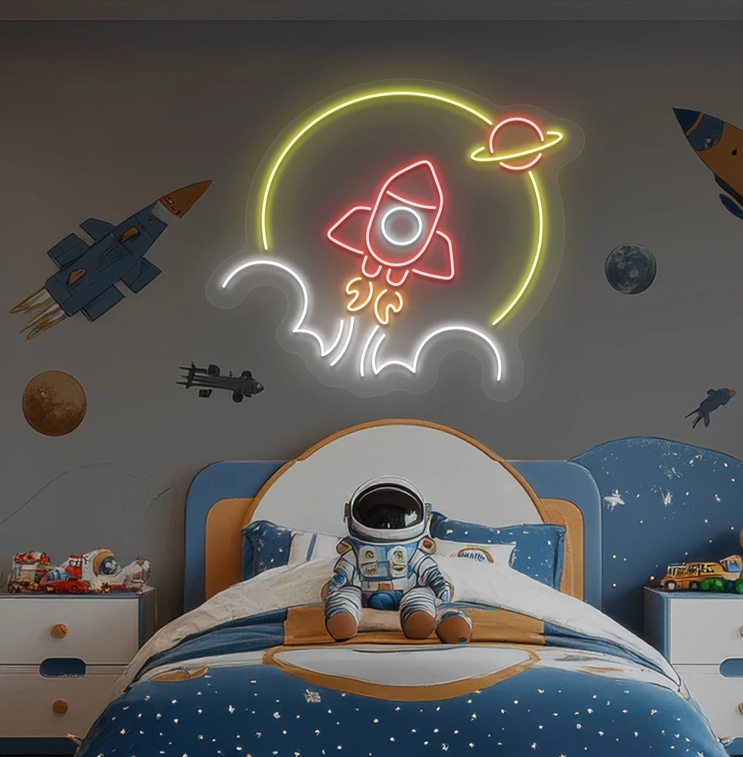 Image of a rocket neon sign in space theme above astronaut toy glowing on kid's room wall in red color.