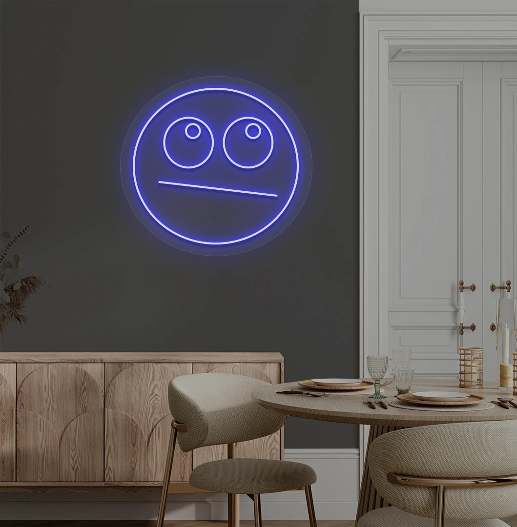 image of a rolling eyes emoji neon sign mounted on aesthetic wall in blue color. 