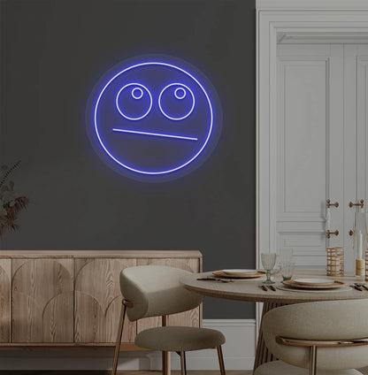 image of a rolling eyes emoji neon sign mounted on aesthetic wall in blue color. 