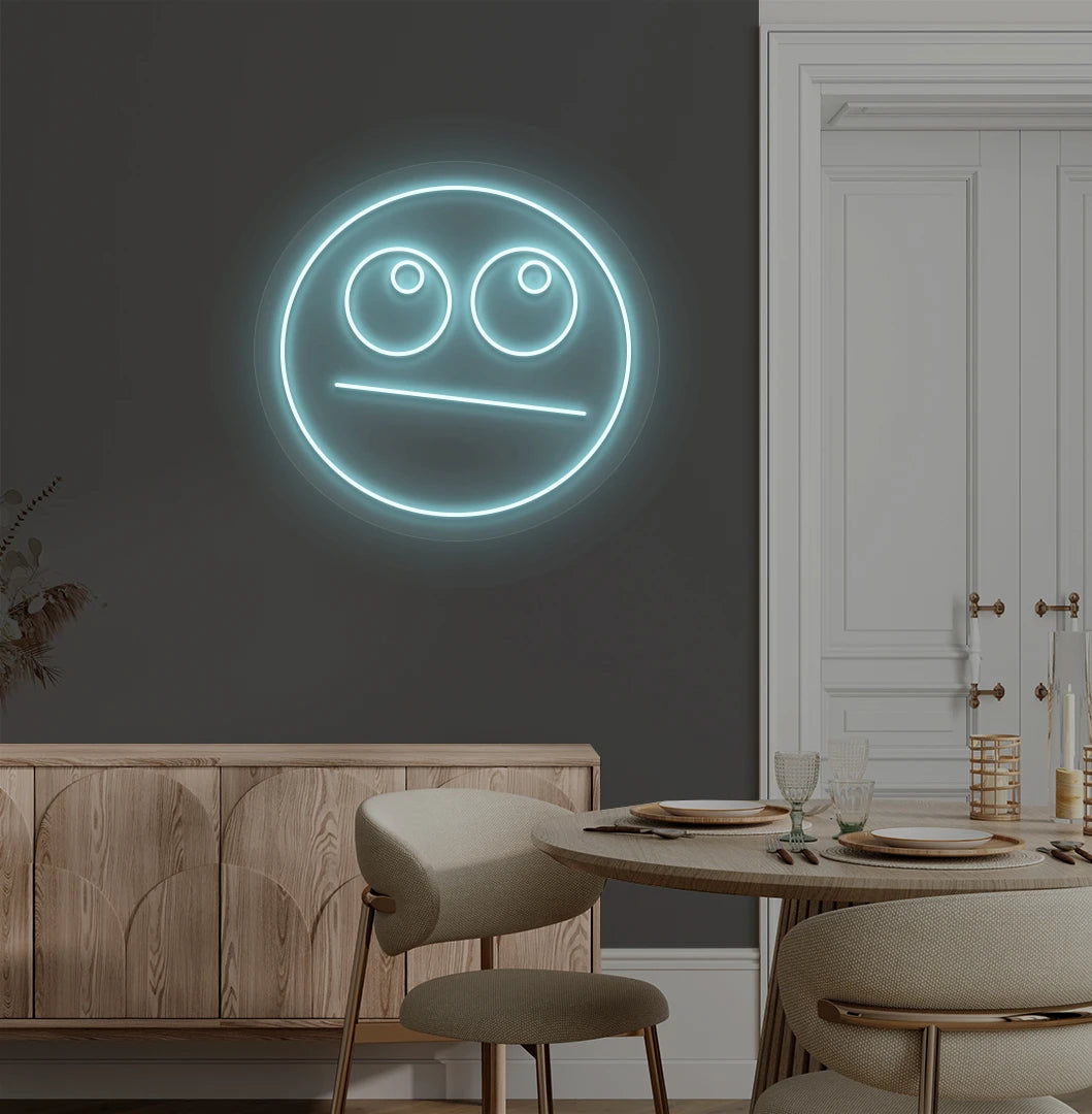 image of a rolling eyes emoji neon sign mounted on aesthetic wall in ice blue color. 