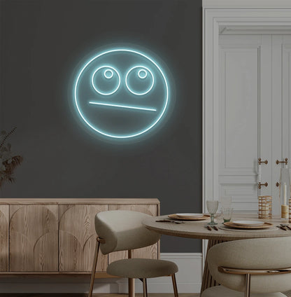 image of a rolling eyes emoji neon sign mounted on aesthetic wall in ice blue color. 