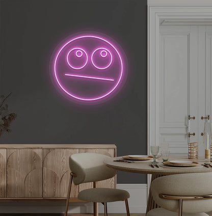image of a rolling eyes emoji neon sign mounted on aesthetic wall in pink color. 