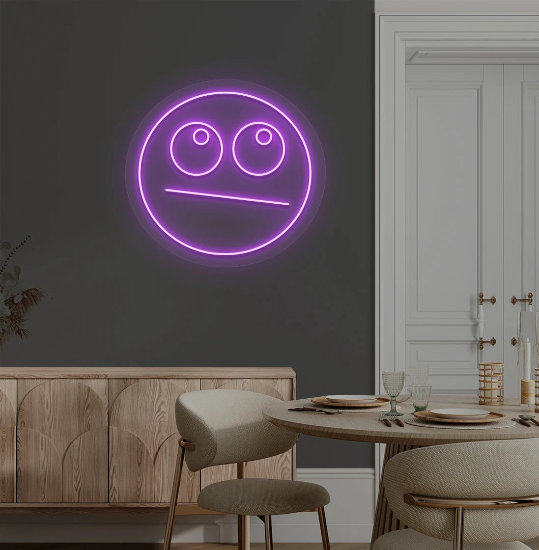 Trendy rolling eyes emoji neon sign in purple mounted on aesthetic wall.