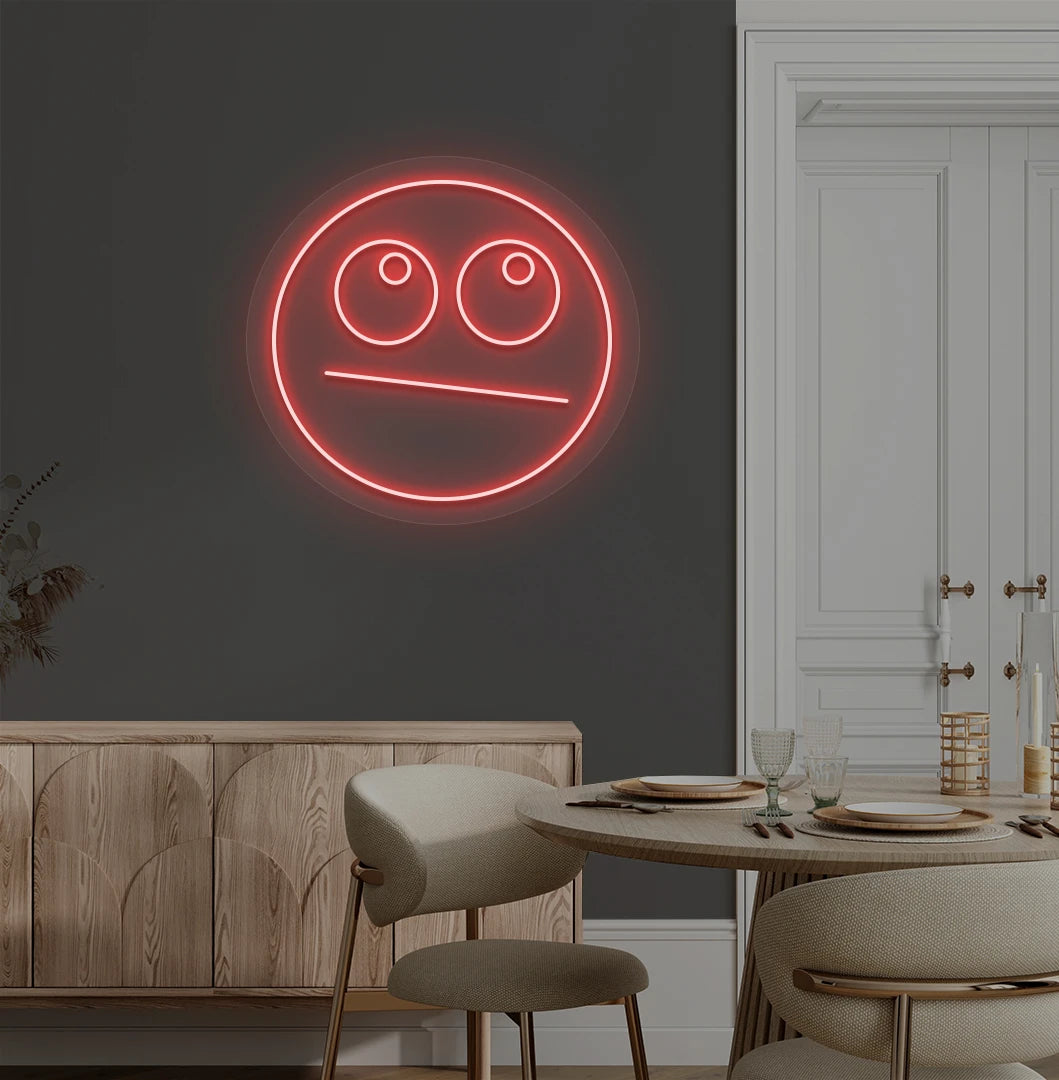image of a rolling eyes emoji neon sign mounted on aesthetic wall in red color. 