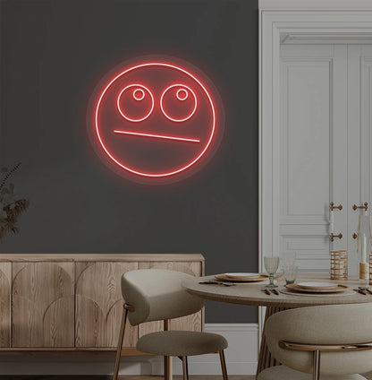 image of a rolling eyes emoji neon sign mounted on aesthetic wall in red color. 