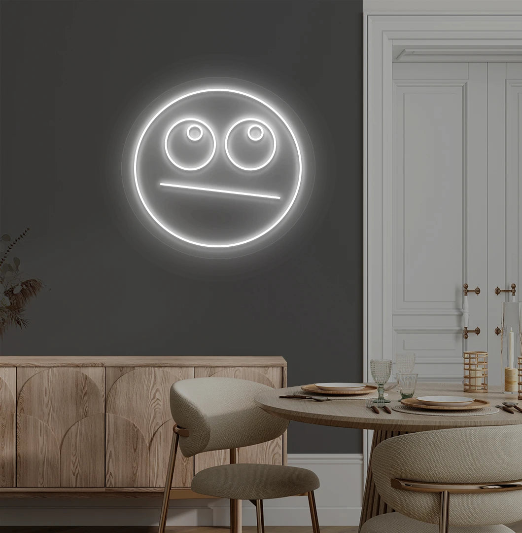 image of a rolling eyes emoji neon sign mounted on aesthetic wall in white color. 