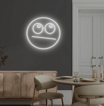 image of a rolling eyes emoji neon sign mounted on aesthetic wall in white color. 