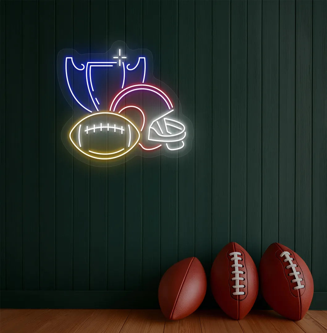 Image of a "Rugby issues" neon sign mounted on aesthetic wall in blue color.