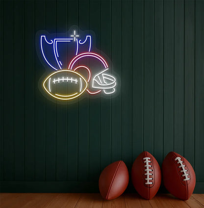 Image of a "Rugby issues" neon sign mounted on aesthetic wall in blue color.