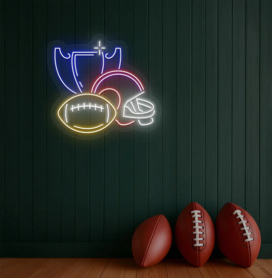 Image of a "Rugby issues" neon sign mounted on aesthetic wall in blue color.