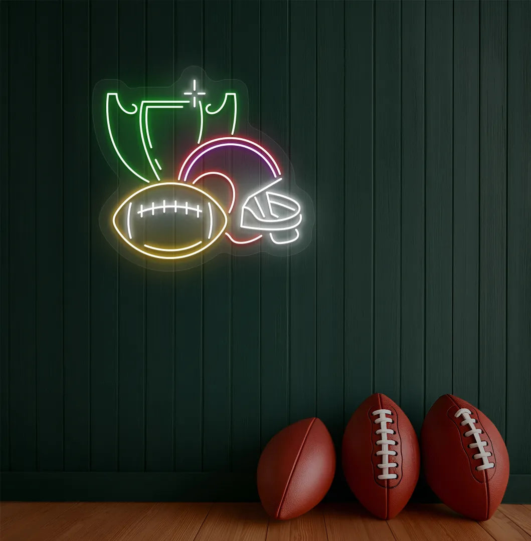 Modern sports wall decor with rugby issues neon sign glowing green.