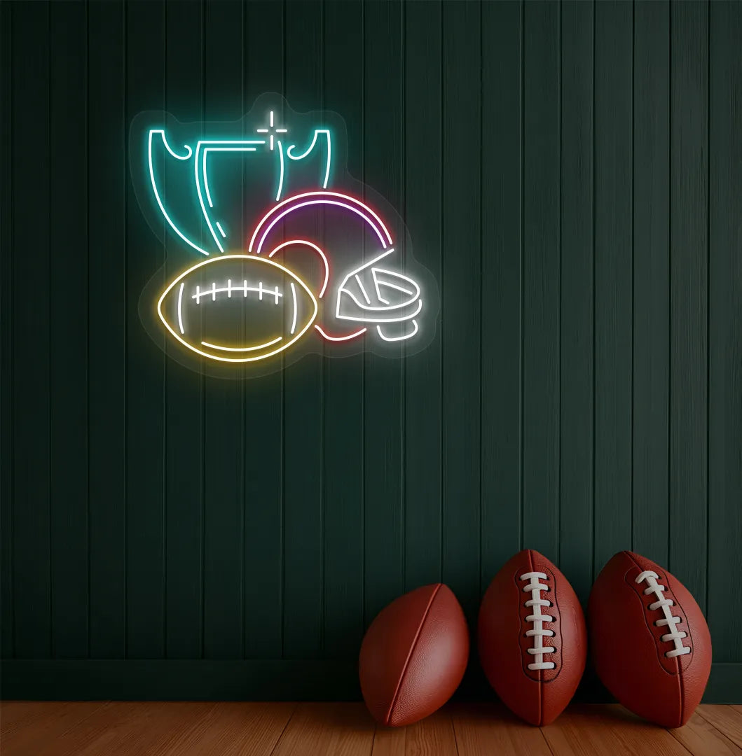 Image of a "Rugby issues" neon sign mounted on aesthetic wall in ice blue color.