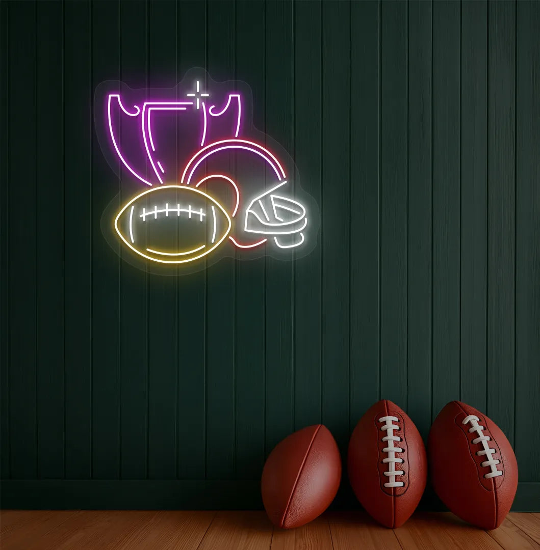 Image of a "Rugby issues" neon sign mounted on aesthetic wall in pink color.