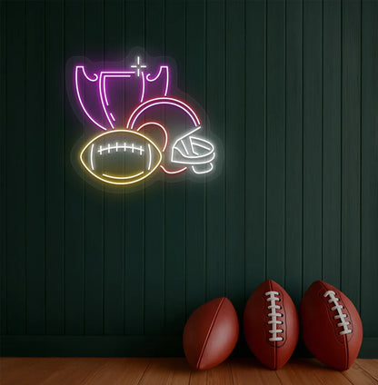 Image of a "Rugby issues" neon sign mounted on aesthetic wall in pink color.