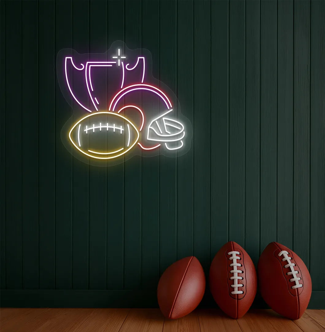Modern sports wall decor with rugby issues neon sign glowing purple.