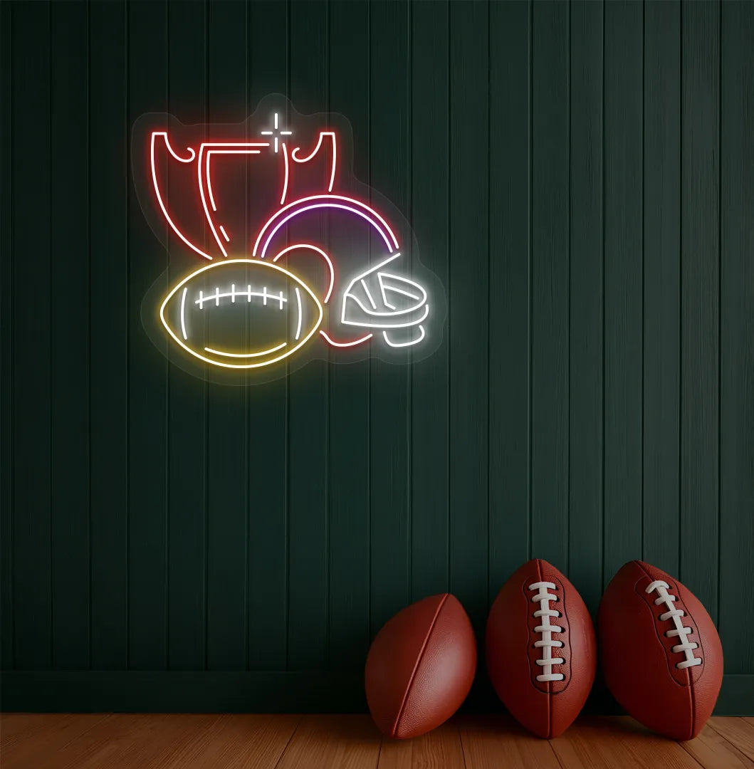 Image of a "Rugby issues" neon sign mounted on aesthetic wall in red color.