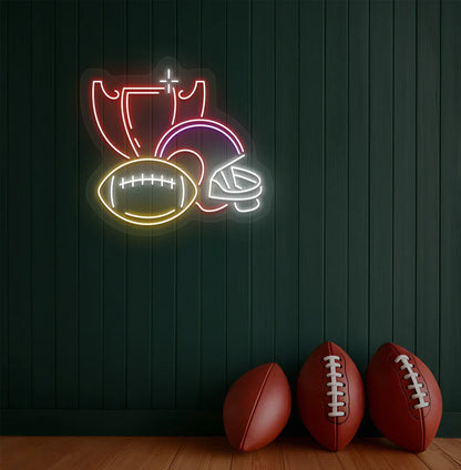 Image of a "Rugby issues" neon sign mounted on aesthetic wall in red color.