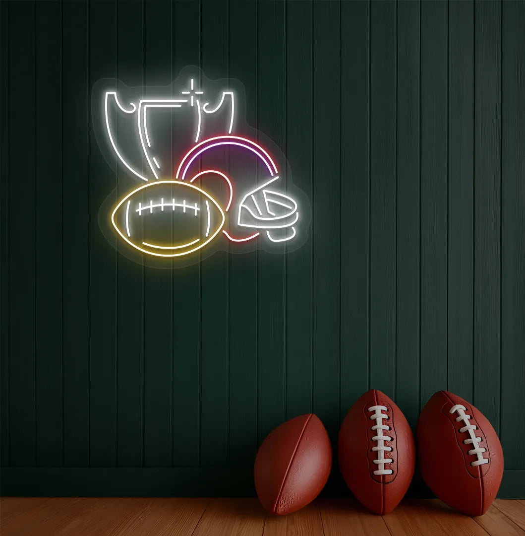 Image of a "Rugby issues" neon sign mounted on aesthetic wall in white color.