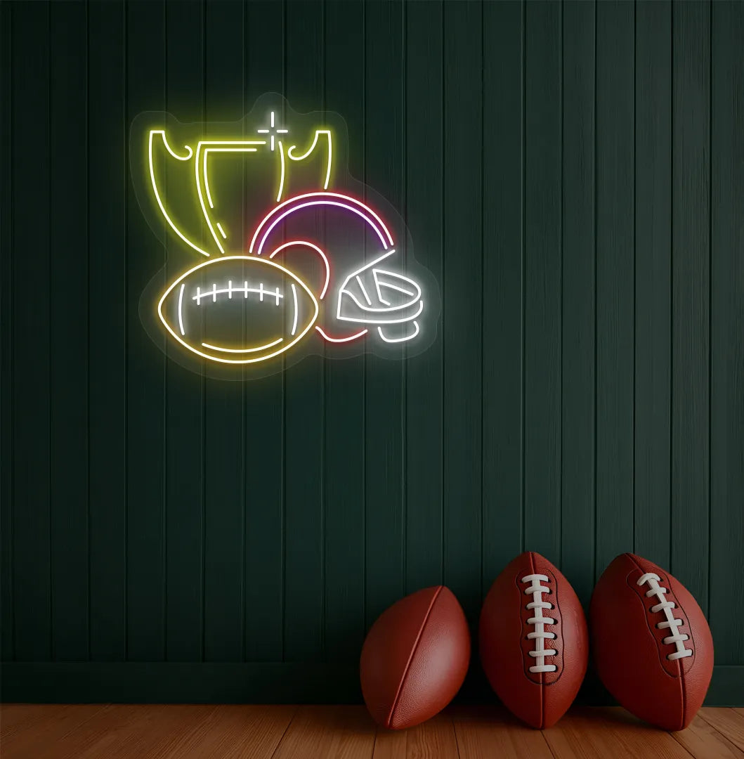 Modern sports wall decor with rugby issues neon sign glowing yellow.