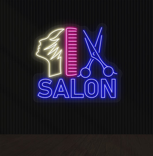 Image of a salon neon sign in multicolor with a comb, scissors, and character design mounted on the salon wall.