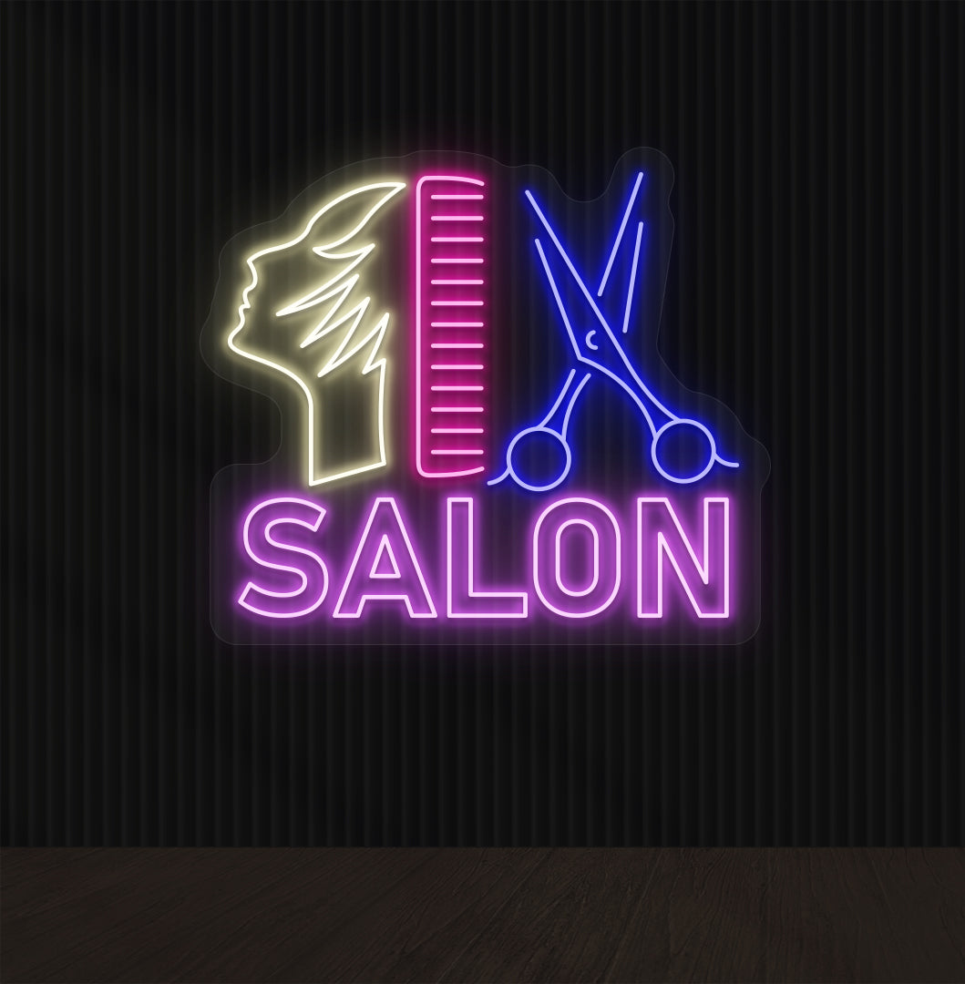 Beauty salon wall with "salon neon sign" with comb, scissors, and character in multicolor.
