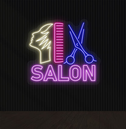 Beauty salon wall with "salon neon sign" with comb, scissors, and character in multicolor.