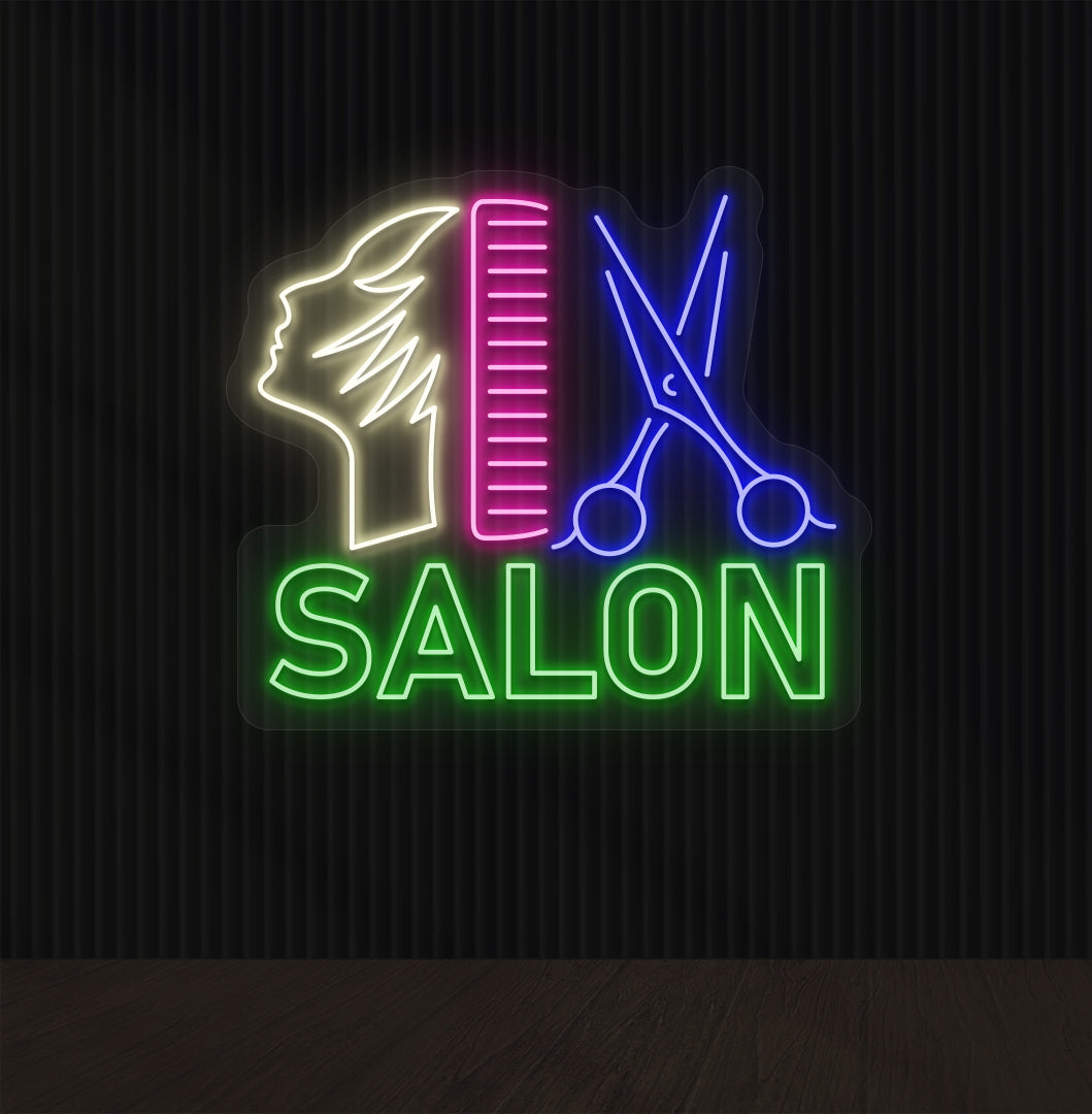 Image of a salon neon sign in multicolor with a comb, scissors, and character design mounted on the salon wall.