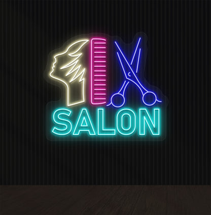 Beauty salon wall with "salon neon sign" with comb, scissors, and character in multicolor.
