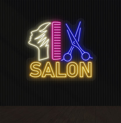 Image of a salon neon sign in multicolor with a comb, scissors, and character design mounted on the salon wall.