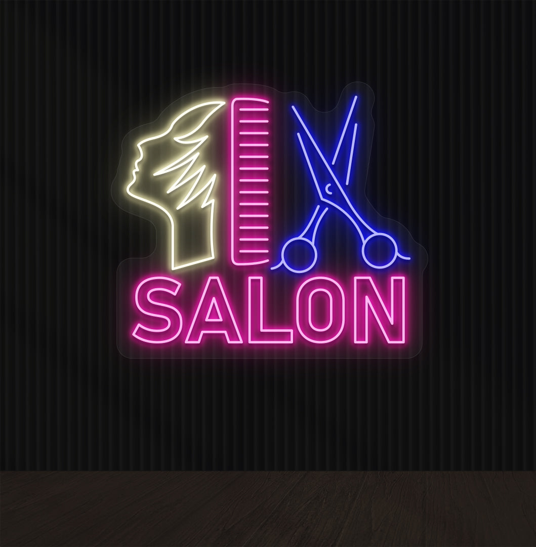 Beauty salon wall with "salon neon sign" with comb, scissors, and character in multicolor.