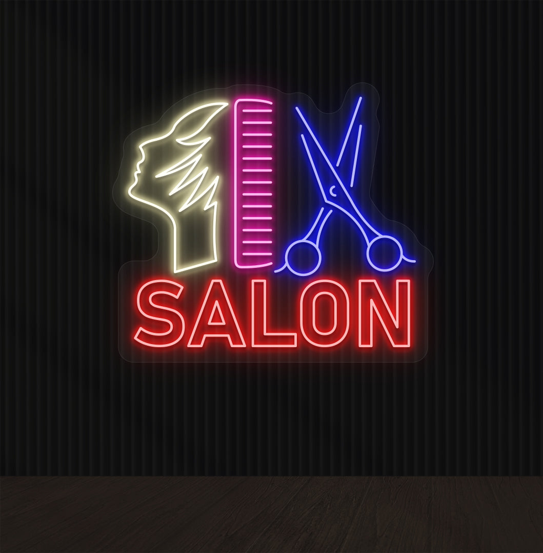 Image of a salon neon sign in red, blue, pink and warm white color with a comb, scissors, and character design mounted on the salon wall.