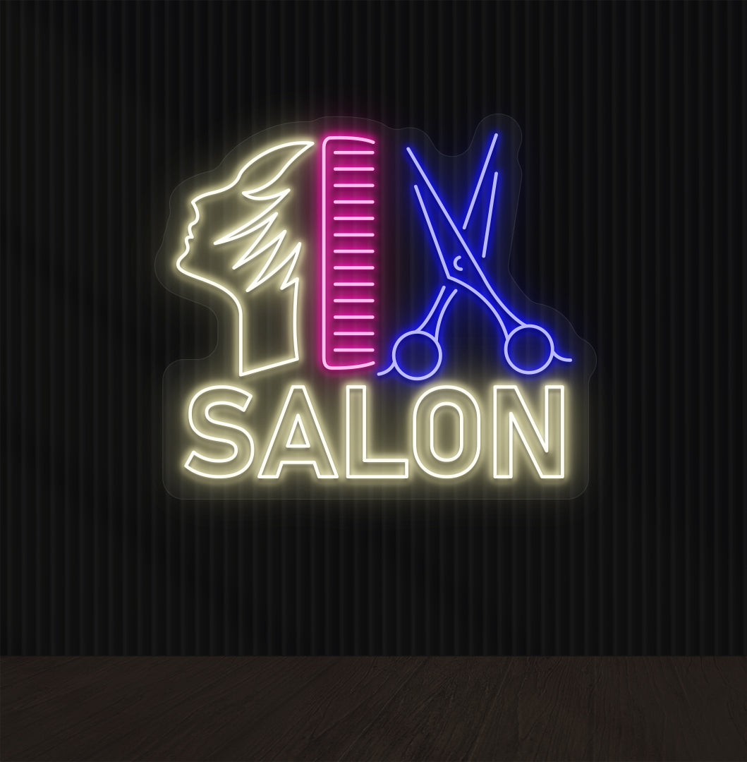 Beauty salon wall with "salon neon sign" with comb, scissors, and character in multicolor.