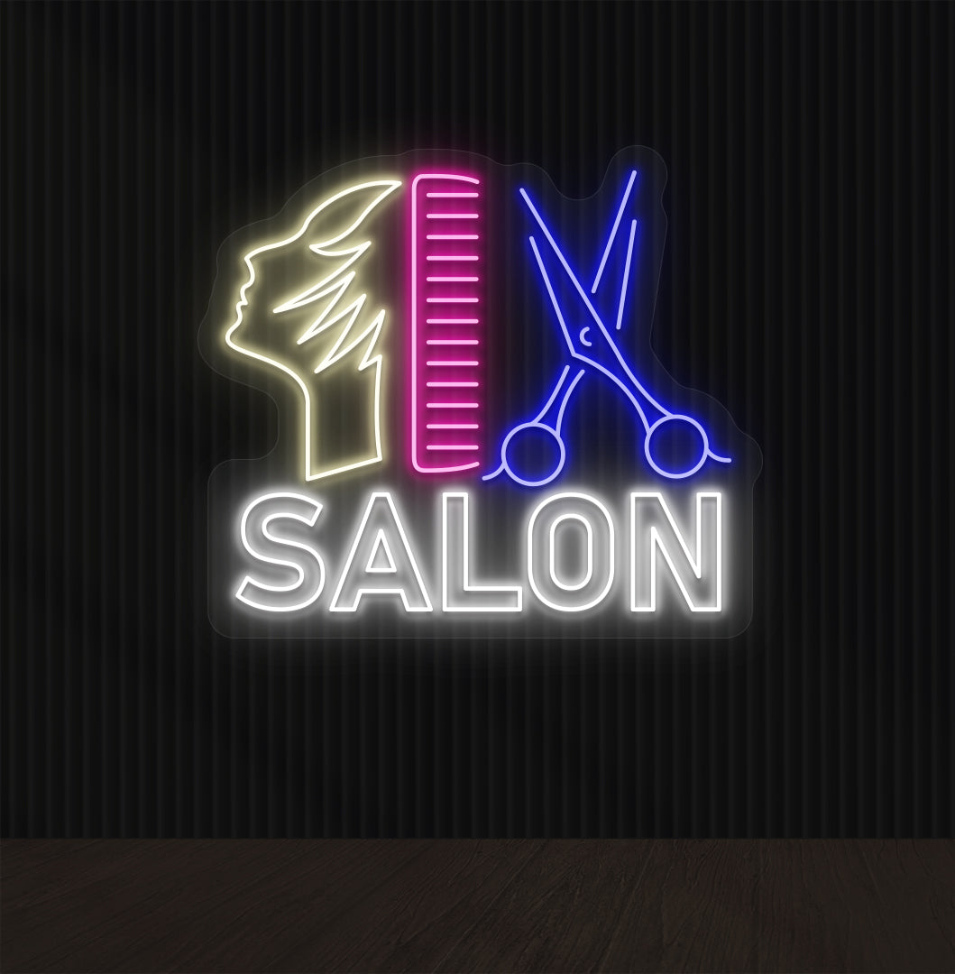 Image of a salon neon sign in white, blue, pink and warm white color with a comb, scissors, and character design mounted on the salon wall.