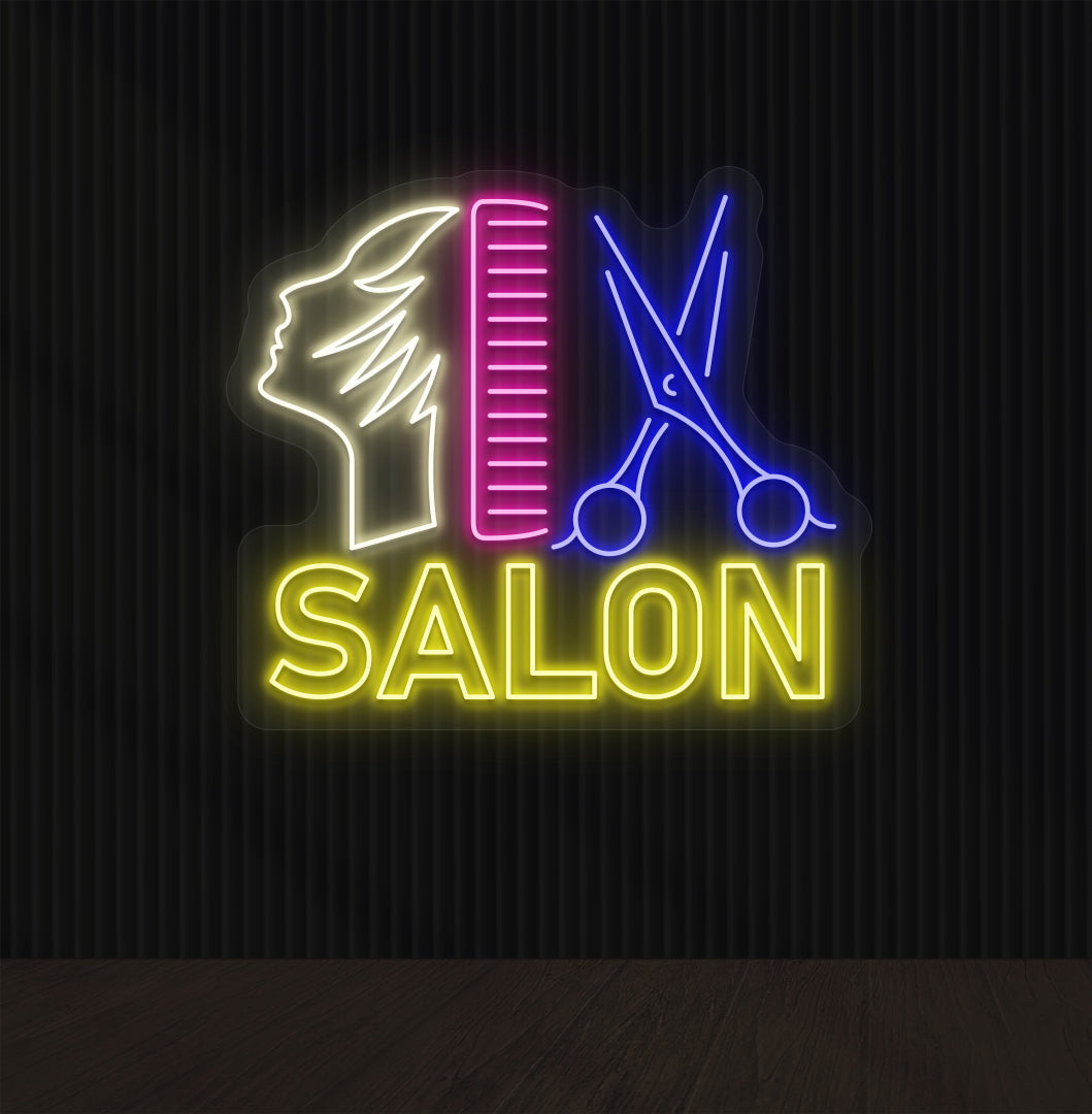 Beauty salon wall with "salon neon sign" with comb, scissors, and character in multicolor.