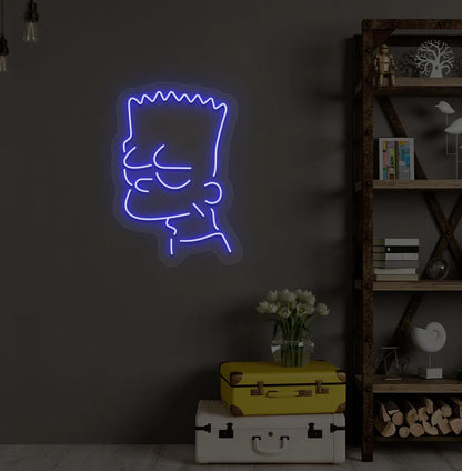 Trendy character-inspired neon sign mounted on modern bedroom wall in blue color.