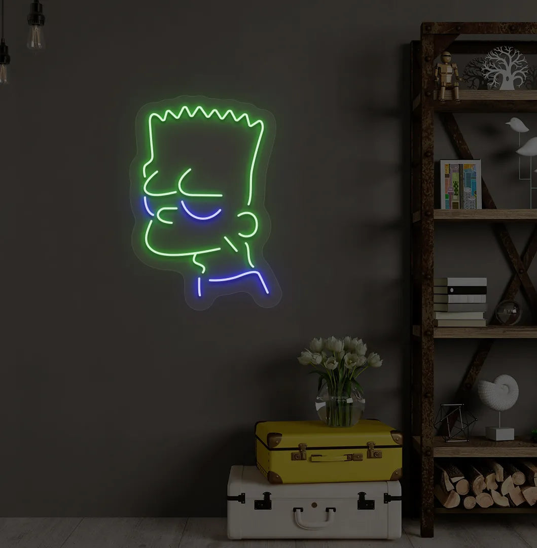 Stylish Simpsons-inspired green LED neon sign mounted on decorative wall.