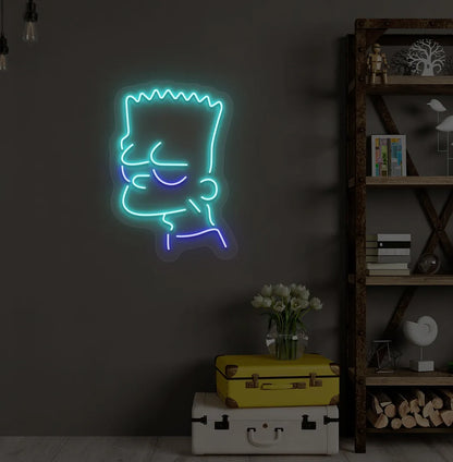 Trendy character-inspired neon sign mounted on modern bedroom wall in ice blue color.