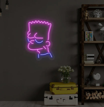 Trendy character-inspired neon sign mounted on modern bedroom wall in pink color.