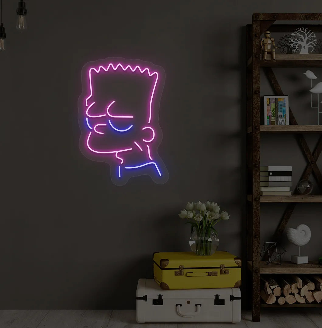 Stylish Simpsons-inspired purple LED neon sign mounted on decorative wall.