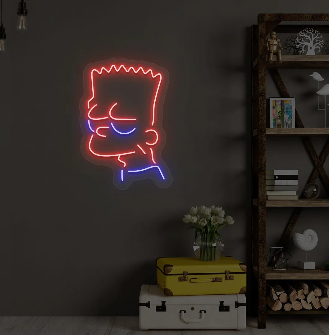 Trendy character-inspired neon sign mounted on modern bedroom wall in red color.