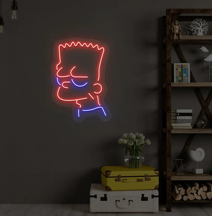 Trendy character-inspired neon sign mounted on modern bedroom wall in red color.