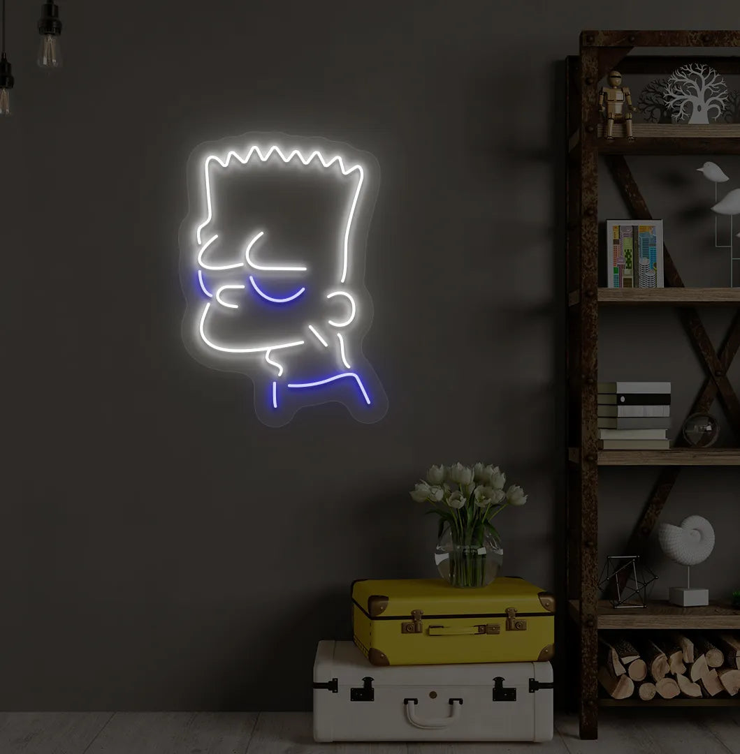 Trendy character-inspired neon sign mounted on modern bedroom wall in white color.