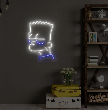 Trendy character-inspired neon sign mounted on modern bedroom wall in white color.