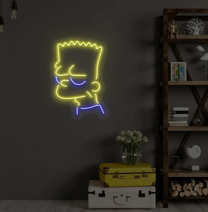 Stylish Simpsons-inspired yellowLED neon sign mounted on decorative wall.
