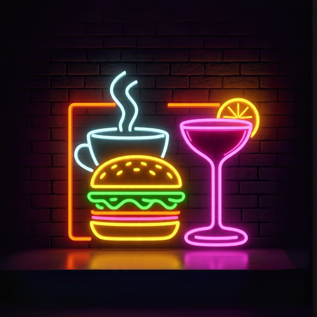 Image of a snack platter LED neon sign with burger, coffee, and cocktail icons on a wall in multicolor.